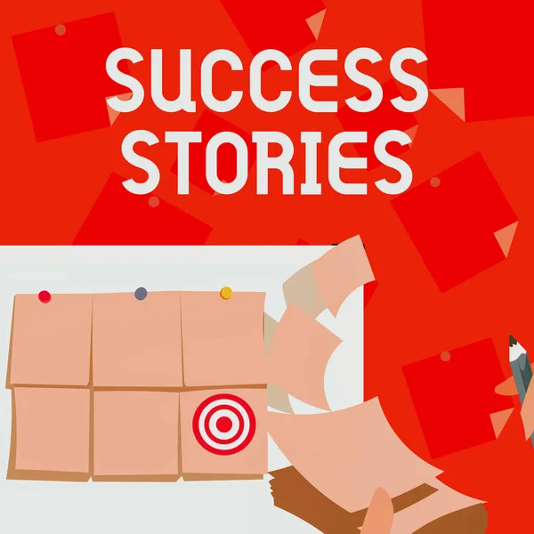 Text caption presenting Success Stories. Concept meaning story of something or someone that achieves great success Backdrop Presenting Sticky Notes Hands Writing Paper Having Set Goals. — Stock Photo, Image