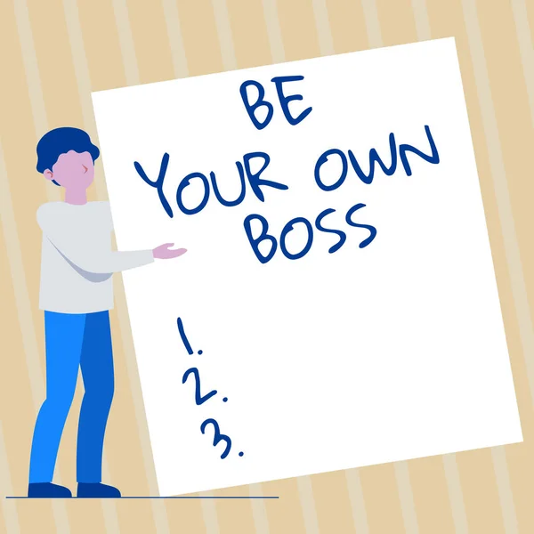 自分のボスであることを示すサイン。自分のために働くために、誰か他の人に雇われていない概念的な写真巨大な空白の紙を提示保持図面立っている. — ストック写真