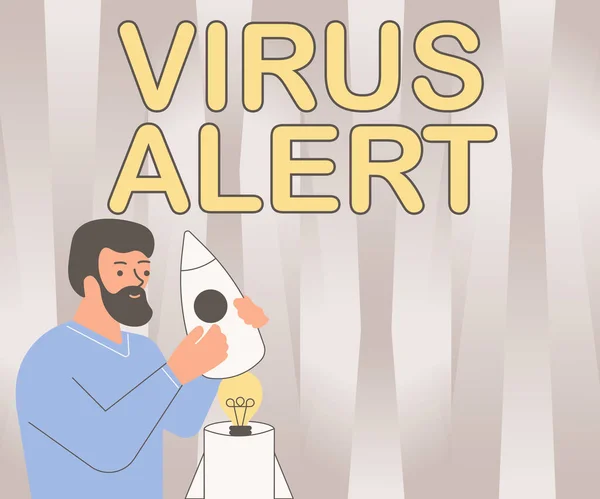 Conceptual display Virus Alert. Word for a quick to notice any unusual and potentially dangerous Illsutration Of Man Holding Rocketship Discovered Ideas Inside. — Stock Photo, Image