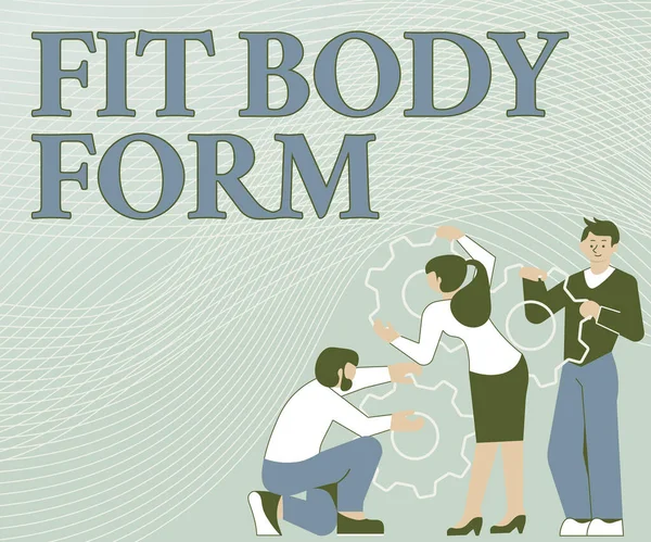Konzeptionelle Darstellung Fit Body Form. Word Written on bezieht sich auf einen Körper, der perfekt auf Form und Kontur abgestimmt ist Illustration einer Gruppe, die Stirnräder hält, die einander bei ihrer Arbeit helfen. — Stockfoto