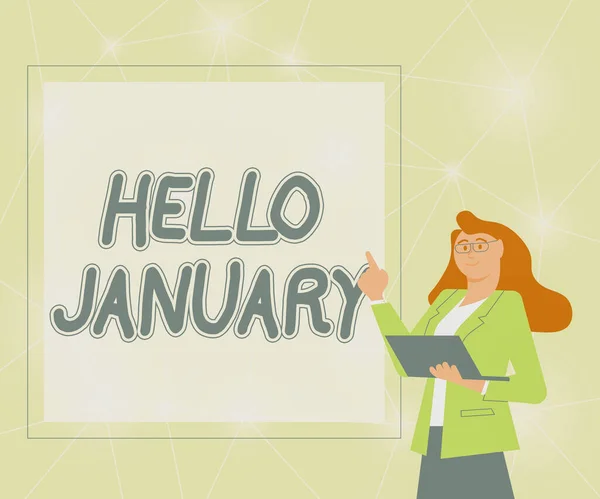 Fogalmi felirat Hello January. Üzleti áttekintés köszöntés az év első hónapjának köszöntésénél Üzletasszony illusztrációja Álló gazdaság Her Laptop Presenting Ideas. — Stock Fotó