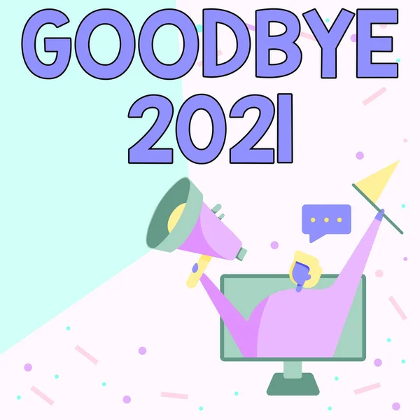 Zakelijk idee verwelkomen en vieren van een gelukkig nieuwjaar en hallo 2022 Lady Inside A Monitor Screen Drawing Holding Megaphone And Flag. — Stockfoto