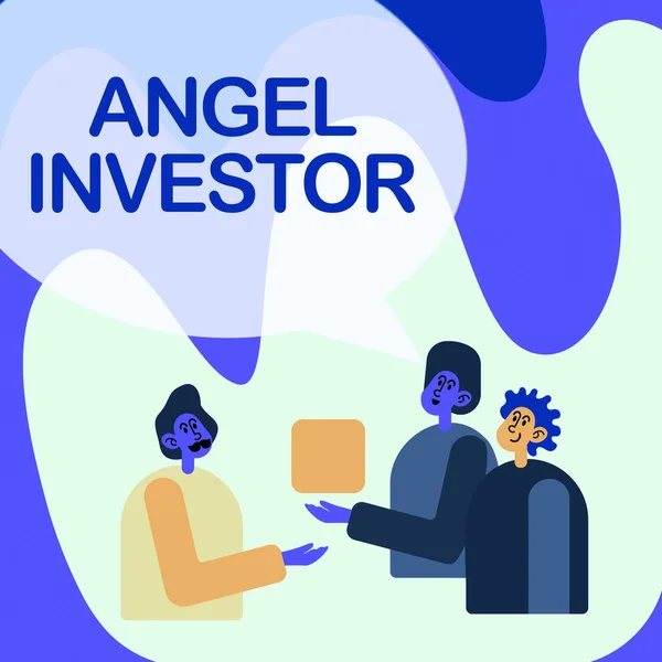 Text bildtext som presenterar Angel Investor. Affärsidé hög nettoförmögenhet individ som ger ekonomiskt stöd Kollegor Visar Cube Representera Teamwork Diskutera framtida projekt. — Stockfoto