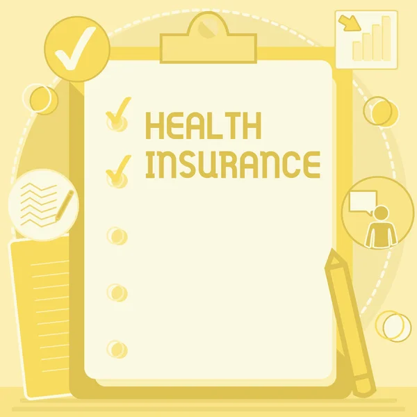 Inspiration showing sign Health Insurance. Business idea system of financing the medical expenses of the insured Clipboard Drawing With Checklist Marked Done Items On List. — Stock Photo, Image