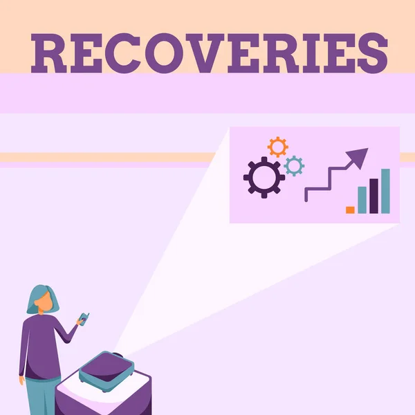 Testo che mostra l'ispirazione Recuperi. Panoramica del business processo di riconquistare il possesso o il controllo di qualcosa perso Lady Standing Holding Projector Remote Control Presenting Graph Growth. — Foto Stock