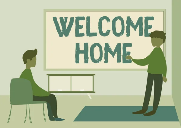 Text showing inspiration Welcome Home. Conceptual photo sweet, positive, motivational, and inspirational housewarming greetings Teacher And Student Drawing Having Class Privately Inside A Classroom. — Stock Photo, Image