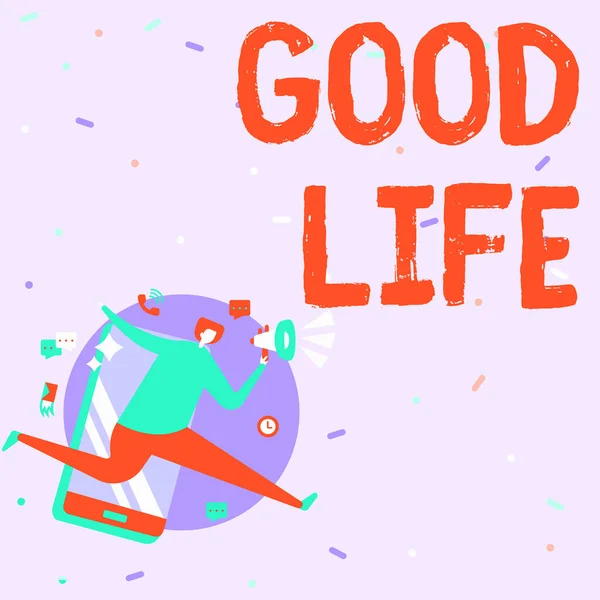 テキストの表示を書く｜Good Life。Wordは、いくつかの問題や心配と快適さと贅沢の生活に書かれた男は、電話で実行しているメガホンを保持ドローイングコメントを作る. — ストック写真