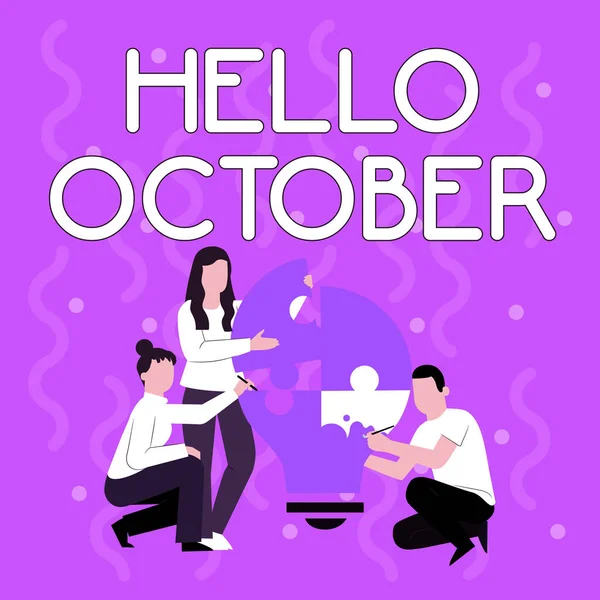 Signo de texto que muestra Hello October. Palabra escrita en el saludo utilizado al dar la bienvenida al décimo mes del año Empleado Dibujo Ayudándose mutuamente Construyendo Bombilla Jigsaw Puzzle. — Foto de Stock