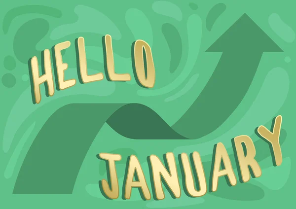 Texto que muestra inspiración Hola enero. Internet Concept saludo utilizado cuando se da la bienvenida al 1er mes del año Ilustración de flecha flotando suavemente hacia el cielo alto. —  Fotos de Stock