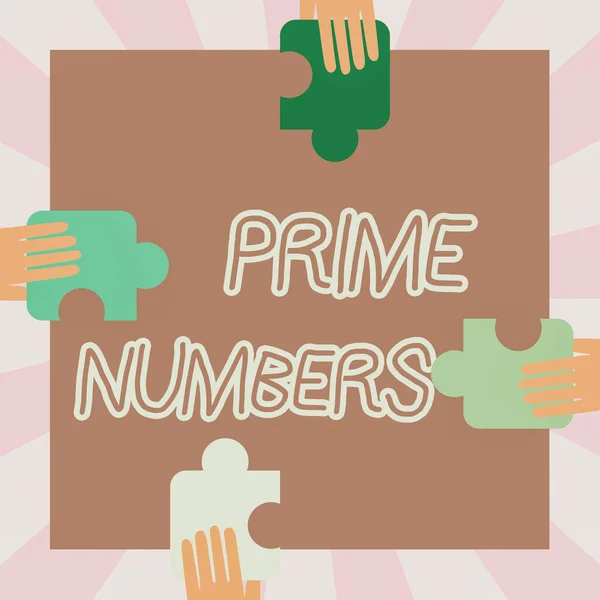 Az ihletet adó szöveg: Prime Numbers. Üzleti bemutatja a pozitív egész szám tartalmazó tényezők egy és önmaga illusztrációja kéz gazdaság puzzle darab minden oldalon a doboz. — Stock Fotó