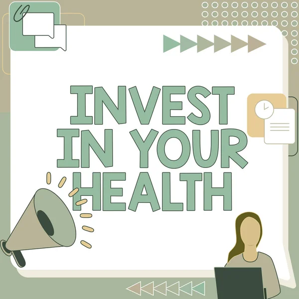 Writing displaying text Invest In Your Health. Business concept put money on maintenance or improvement of your health Woman Drawing Sitting Working Next To Megaphone Making New Announcement — Stock Photo, Image