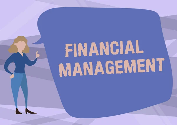 Ręczne pisanie podpisu Financial Management. Słowo do organizowania i kontrolowania działalności finansowej Ilustracja kobiety mówiącej w chmurze Dyskusja Pomysły. — Zdjęcie stockowe
