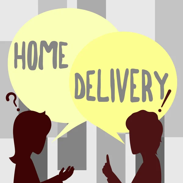 Konceptuální displej Home Delivery. Obchodní nápad Všechny Pokladna položky jsou odeslány přímo kupujícímu s je doma Pár Kreslení s Chat Cloud Mluvit s ostatními Sdílení nápadů. — Stock fotografie