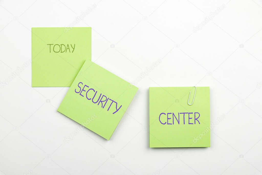 Text showing inspiration Security Center. Business idea centralized unit that deals with security issues of company Multiple Assorted Collection Office Stationery Photo Placed Over Table