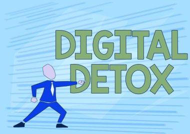 Dijital Detox 'u gösteren bir tabela. Elektronik ve dijital aygıtların kullanımını yasaklayan iş genel görünümü Takım Elbiseli Adam İleri Gösterme Yönlendirme Liderliği.