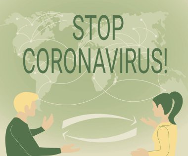 El yazısı işareti Coronavirus 'u durdurun. COVID19 davalarını azaltmak için mücadele eden işletme genel görünümü hastalıkları bilinci kampanyası. Yeni Fikirler Dünya Haritası Beyin Fırtınası yapan iki takım arkadaşı.