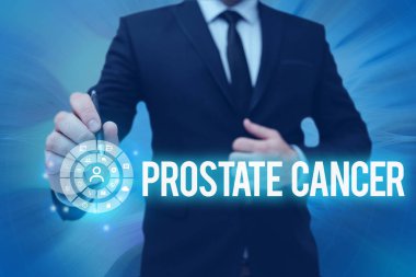 El yazısı Prostat Kanseri. Bu kavram, erkek üreme sistemi adamının cep telefonunun ekranını tutarak Geleceğin Teknolojisini gösteren bezinde kanser geliştiği anlamına geliyor..
