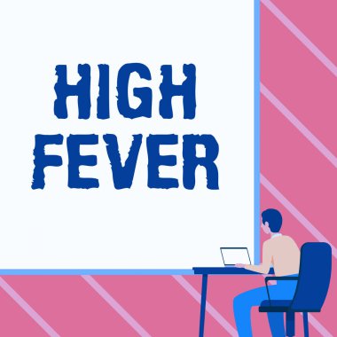 İlham veren yüksek ateşi gösteren bir mesaj. Vücut sıcaklığının normalden daha yüksek olduğu iş dünyası tıbbi durumu Kol Sandalyesi Laptop kullanarak Masaya yerleştirilmiş büyük boş tahtayla.