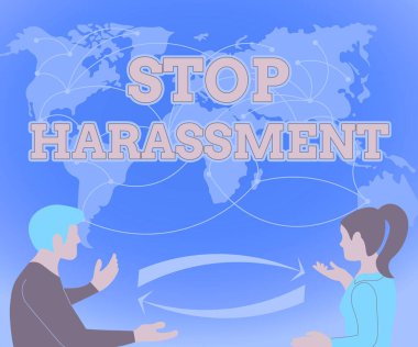 Kavramsal manşet Tacizi Durdurun. İşletme gösterisi, diğer iki takım arkadaşının Yeni Fikirler Dünya Haritası Beyin Fırtınası Yeni Çözümleri Tartışan agresif baskı ve sindirmesini önler.