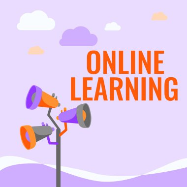 Çevrimiçi Öğrenme sunan metin başlığı. İnternet Kutbu Megafonlarından tabanlı ve erişilebilir iş vitrinleri eğitim aracı Açık Alan 'a Açıklama Çizimi.