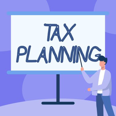 Vergi Planlama 'yı gösteren metin işareti. Kavram, finansal gelir analizi ve planlama işi muhasebe öğretmeni Ceketli Çizim Çubuğu Whiteboard 'da.