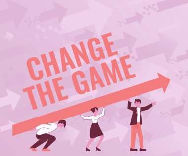 Oyunu Değiştir başlığını gösteren metin başlığı. Kaba strateji planlama sürecindeki konsept anlamı vb. Dört Meslektaşın Bekleyen Büyük Ok Çizimi.