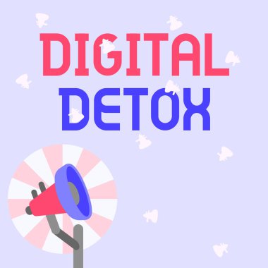 Kavramsal görüntü Dijital Detox. Elektronik ve dijital cihazların kullanımını yasaklayan sözcük Güneş Artıran Polonyalı Megafonun İllüstrasyonu.