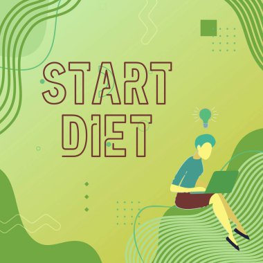 Metin Başlatma Diyeti yazılıyor. İnternet Konsepti, düzenlenmiş ve denetimli bir moda kadını dizüstü bilgisayarla oturarak Yeni Düşüncelerden Çalışmaya Başlıyor.