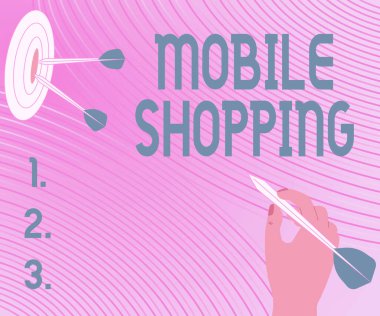 El yazısı tabelası Mobil Alışveriş. Kablosuz aygıtlar aracılığıyla mal ve hizmetlerin kavramsal fotoğraf ticareti Hedefi Vuran Mesaj, Hedefi Açıklama.