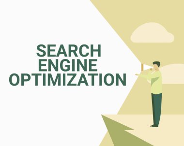 El yazısı işareti Arama Motoru optimizasyonu. İnternet Sitesi trafiğinde artış ve analitik işadamı Uçurumda Megafon Yapımını Kullanarak Çizim Yapıyor.
