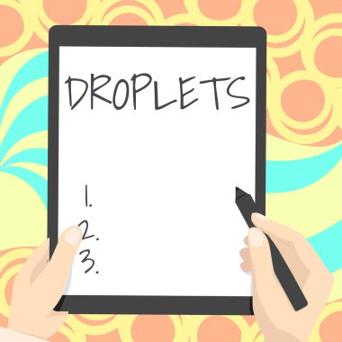 Kavramsal ekran damlacıkları. Belirli nemli bölgelerde çok küçük bir sıvı damlası bulunabilir. İki Elin Tableti 'nin çizimi Harika Fikirler sunar.