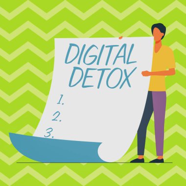 El yazısı işareti Dijital Detox. Elektronik ve dijital cihazların kullanımını yasaklayan iş fikri Yeni Anlamı ve Mesajı Gösteren Büyük Boş Kağıt Tutan Adam.
