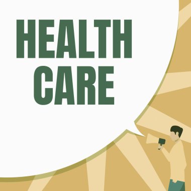 Sağlık Hizmetleri 'ne ilham veren mesajlar. İş fikri, bireylere veya topluluğa tıbbi bakım sağlanmasını organize etti. Cebinizde Büyük Konuşma Baloncuğuyla El Koyan Adam Megafonu.