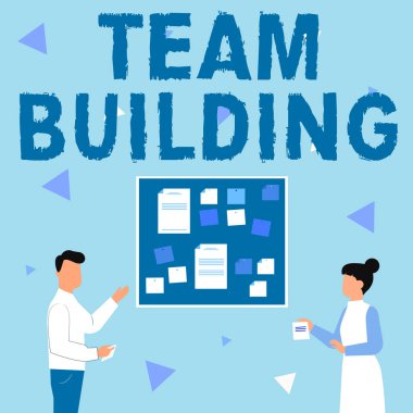 Metin Takımı Binası gösterimi yazılıyor. Tahtaya yapışmış Fikirleri Sunan Çiftin Sosyal İlişkiler İllüstrasyonunu Geliştirmek için kullanılan etkinliklerin İnternet Kavram Tipleri.