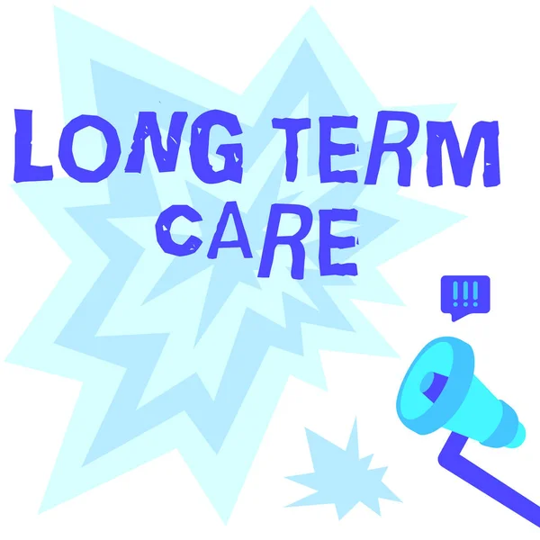 Χειρόγραφο κείμενο Long Term Care. Έννοια σημαίνει βοήθεια με τις βασικές προσωπικές εργασίες της καθημερινής ζωής Megaphone Σχέδιο με Lightning Wave ήχου Κάνοντας Loud Ανακοίνωση. — Φωτογραφία Αρχείου
