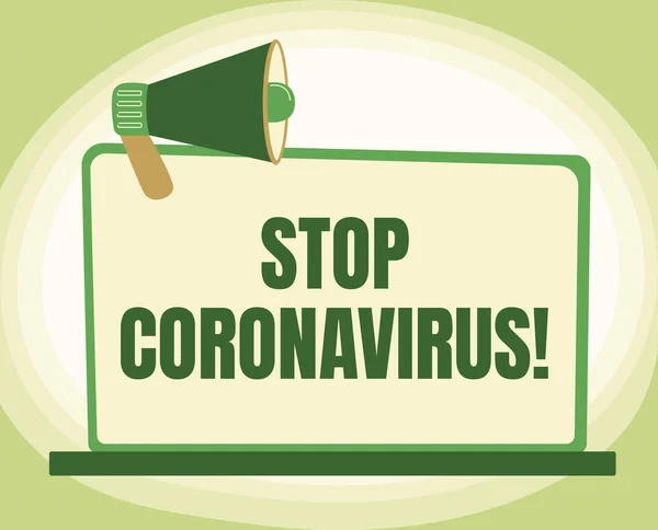 Εγγραφή εμφάνισης κειμένου Stop Coronavirus. Written on Disease awareness campaign fighting to lessen the COVID19 cases Εικονογράφηση του Megaphone σε κενό Monitor Κάνοντας ανακοινώσεις. — Φωτογραφία Αρχείου