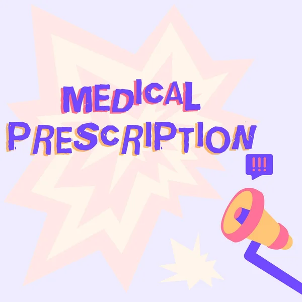Orvosi receptet bemutató szöveges felirat. Word egészségügyi program által végrehajtott orvos Illusztrációja Kézfogás Megafon a Sun Ray, hogy bejelentést. — Stock Fotó