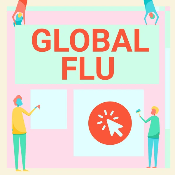 Handwriting text Global Flu. Conceptual photo Common communicable illness spreading over the worldwide fastly Four Colleagues Drawing Standing Holding Different Sized Blank Sheet. — Stock Photo, Image