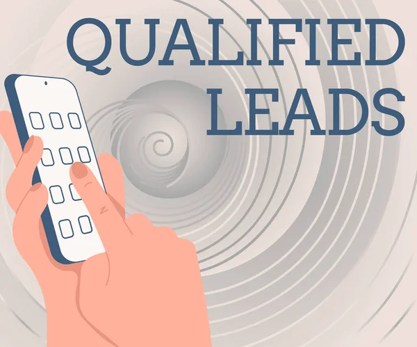 Inspiration showing sign Qualified Leads. Concept meaning lead judged likely to become a customer compared to other Hands Holding Technological Device Pressing Application Button. — Stock Photo, Image