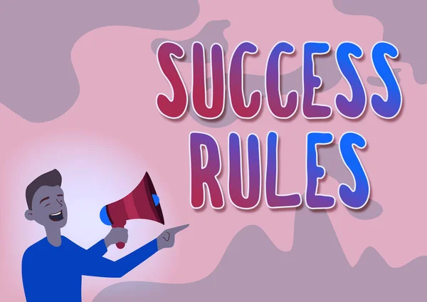 Writing displaying text Success Rules. Business concept established ways of setting goals making it easier to achieve Man Drawing Pointing Away Holding Megaphone Making New Announcement. — Stock Photo, Image