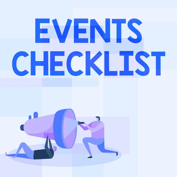 Tekstbord met Evenementen Checklist. Zakelijk overzicht van onschatbare waarde tool voor het succesvol beheren van uw affaire Werknemers Drawing Helping One Other With Flashlight To Fix Megaphone. — Stockfoto