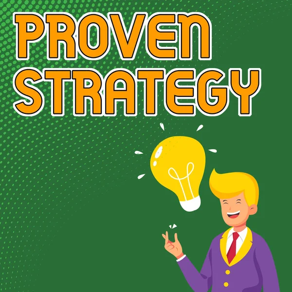Text caption presenting Proven Strategy. Word Written on Confirmed approach or practices in generating sales or leads Gentleman Drawing Standing Having New Idea Presented With Light Bulb. — Stock Photo, Image