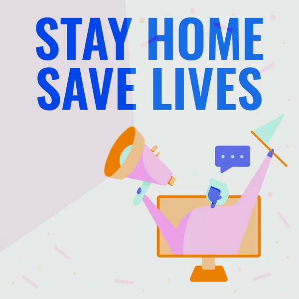 Assinar exibindo Stay Home Save Lives. Palavra para diminuir o número de pacientes infectados por não sair de casa Lady Inside A Monitor Screen Drawing Segurando Megafone e Bandeira. — Fotografia de Stock