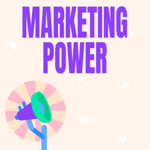 Inspiratie met uithangbord Marketing Power. Zakelijk overzicht vermogen van een bedrijf om winstgevend verhogen van de marktprijs Illustratie van Pool Megaphone met Sun Raises maken van aankondigingen. — Stockfoto