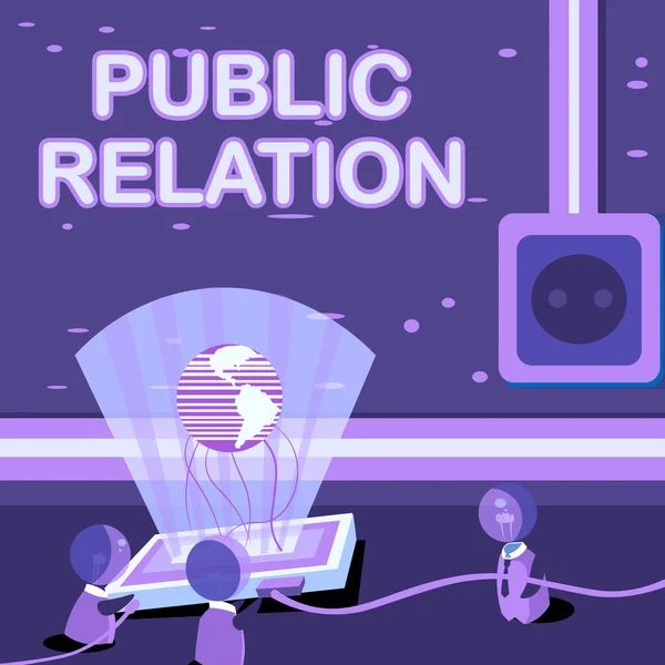 Ręczne pisanie znaku Public Relation. Praktyka podejścia biznesowego polegająca na celowym zarządzaniu rozpowszechnianiem informacji Globalne idee łączące w sobie tworzenie nowych osiągnięć technologicznych. — Zdjęcie stockowe