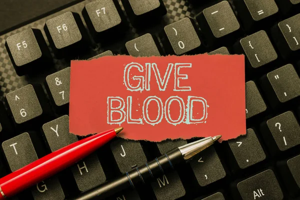 Tekst pokazujący inspirację Give Blood. Słowo Wpisany na osobę dobrowolnie ma krew pobraną i używane do transfuzji Wpisując opis obrazu i słowa kluczowe, Wprowadzanie nowej strony internetowej — Zdjęcie stockowe