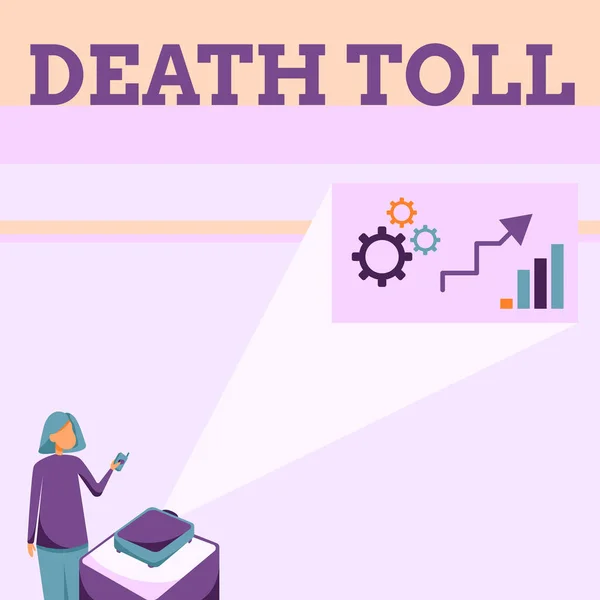 Visualizzazione concettuale Numero di morti. Approccio aziendale il numero di decessi derivanti da un particolare incidente Lady Standing Holding Projector Remote Control Presenting Graph Growth. — Foto Stock