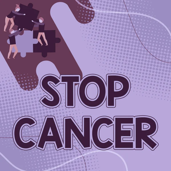 Titulek textu s názvem Stop Cancer. Obchodní nápad zabránit nekontrolovanému růstu abnormálních buněk v těle Team Holding Jigsaw Kousky Pomáháme si navzájem řešit problém. — Stock fotografie