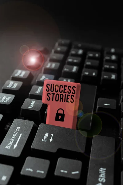 Text sign showing Success Stories. Business concept a chronicle displaying great success achieved by a person Typing Product Title And Descriptions, Entering Important Data Codes