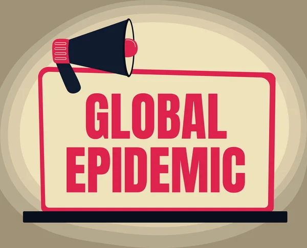 Text showing inspiration Global Epidemic. Word for a rapid spread of a communicable disease over a wide geographic area Illustration Of Megaphone On Blank Monitor Making Announcements. — Stock Photo, Image